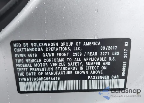 2017 Volkswagen Passat 1.8T S z USA, uszkodzony, nr VIN 1VWAT7A38HC064419